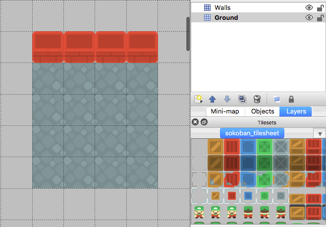 Tiled map editor with a 4x4 grid of ground tiles and a 4x1 row of wall tiles above the first row of ground tiles