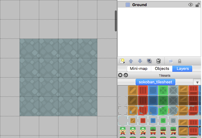 Tiled map editor with a 4x4 grid of ground tiles
